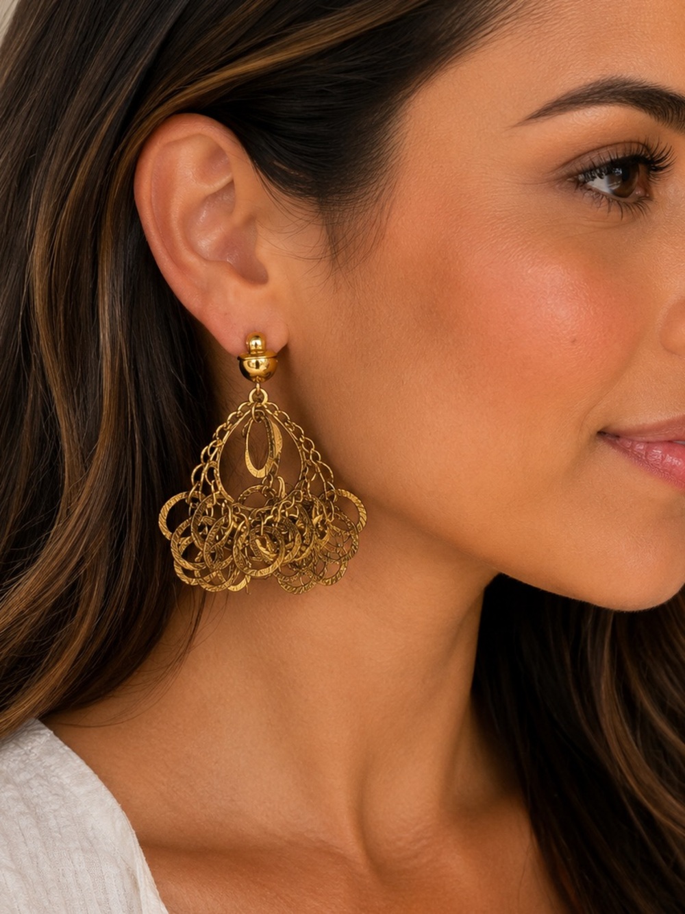 Vintage Gold Tone Clip-On Chandelier Dangle Statement Earrings